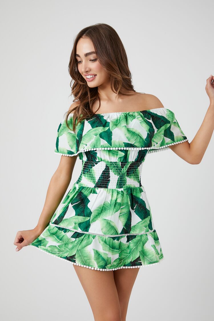 SheIn Women's Plus Tropical Print V Neck A Line Mini Dress Flounce