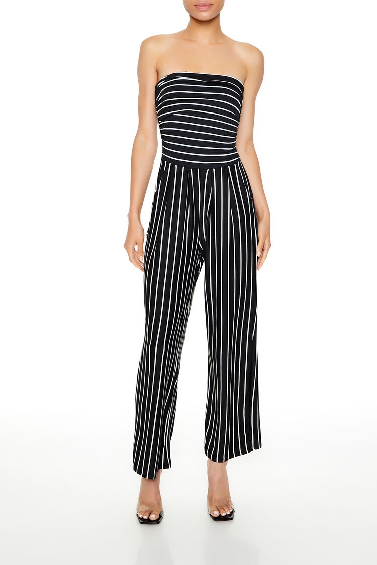 Black and white striped strapless jumpsuit on sale