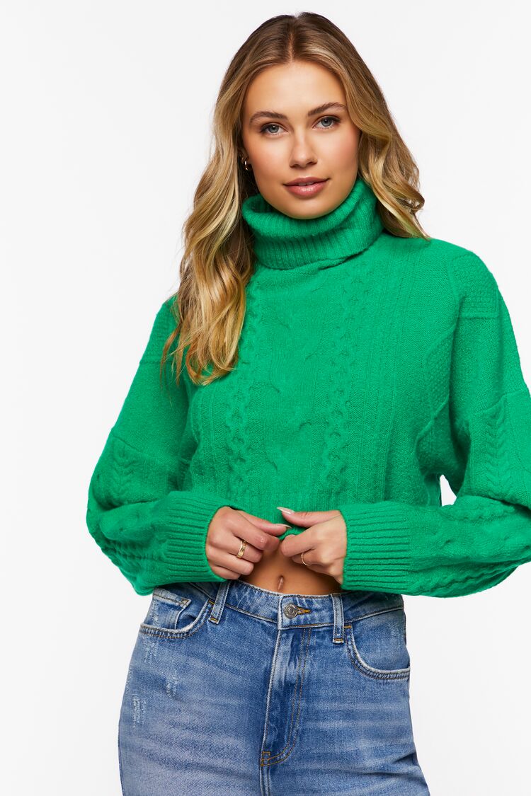 Cropped Cable Knit Turtleneck Sweater