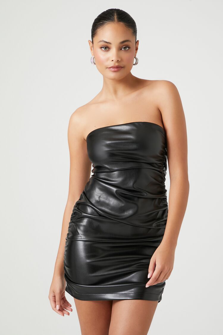 Strapless Ruched Detailing Women Midi Leather Dress