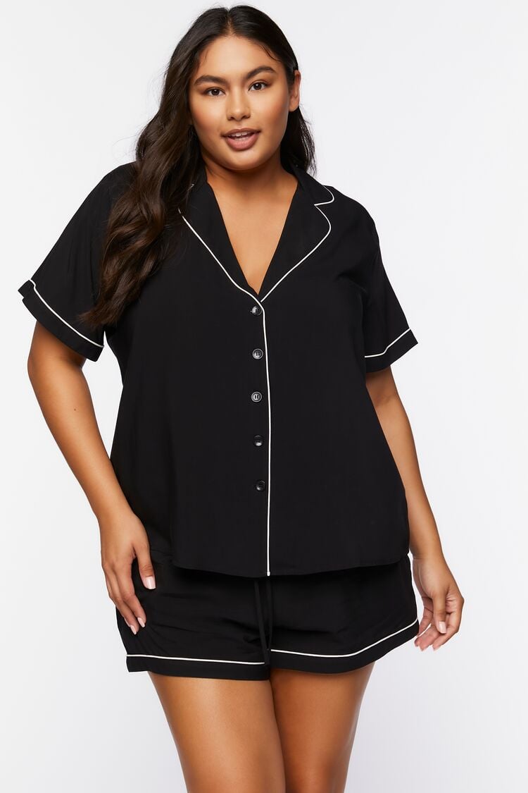 Plus Size Piped-Trim Shirt & Shorts Pajama Set