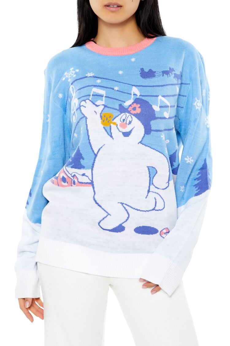 Forever 21 Knit Women s Frosty The Snowman Christmas Sweater in Blue Small Logo License Holiday Christmas Clothing Accessories Holiday