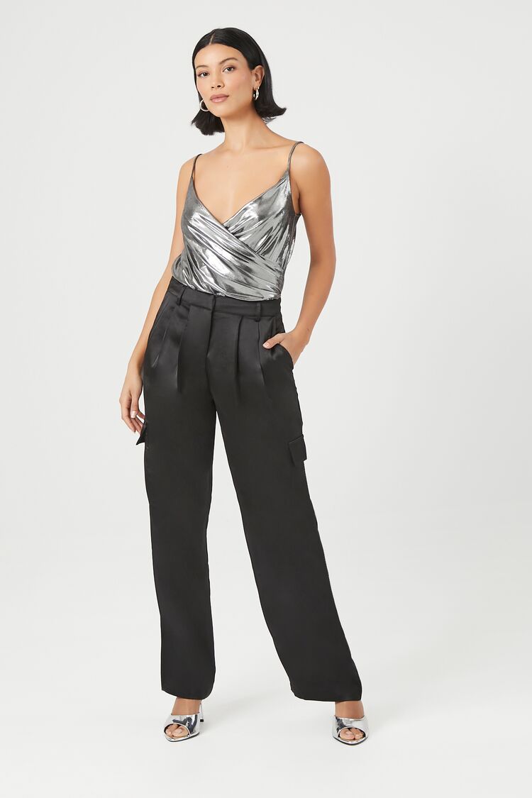 Satin Faux Fur-Trim Pants