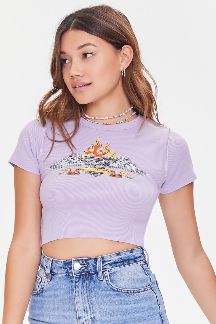 Forever 21 Women's Drive Me Mad Graphic Cropped T-Shirt in Purple Medium