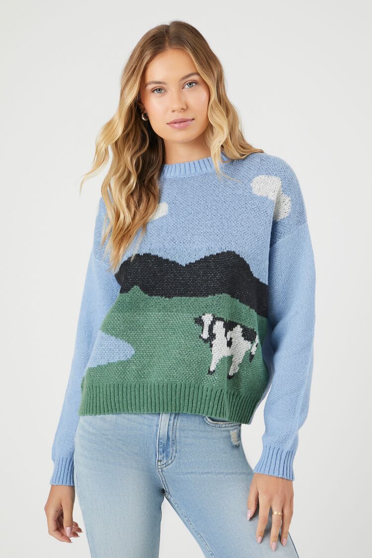 Forever 21 Knit Women's Cow Intarsia Sweater in Blue Large | F21